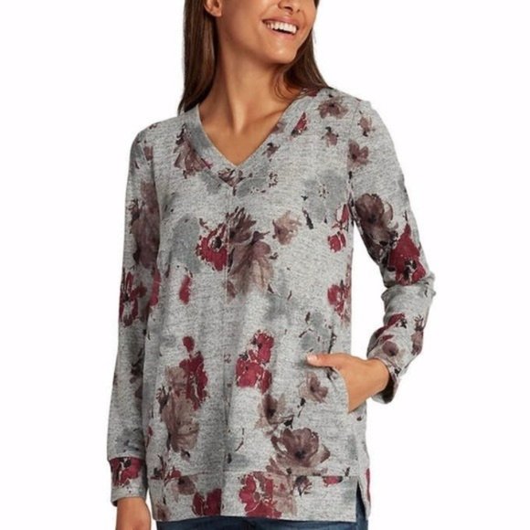 ELLEN TRACY Gray Romance Floral V-Neck Long Sleeve Tunic Top - NWT - Picture 1 of 3